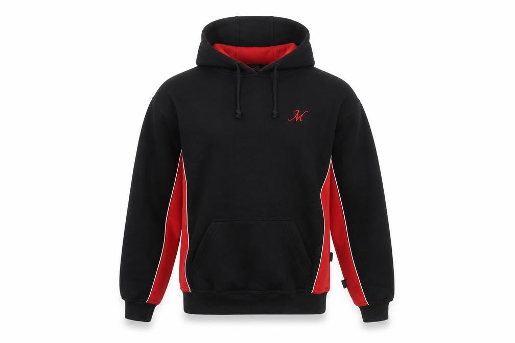 Front view of Falcon Men's Black Red Pullover Hoodie M Logo Fleece Sweatshirt