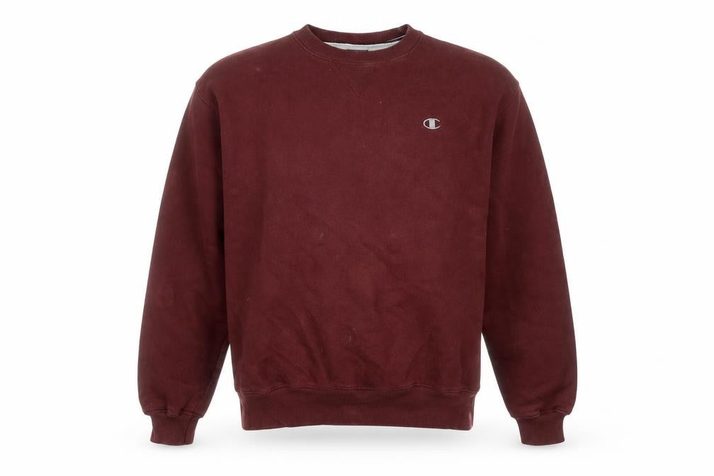 Front view of Champion men’s red crew neck pullover sweatshirt, size L, regular