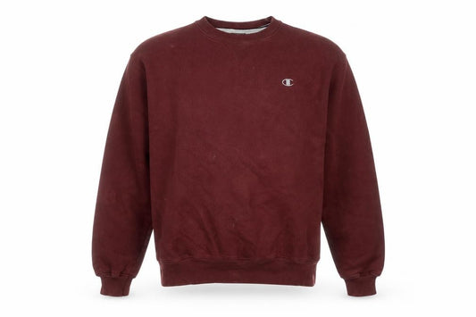 Front view of Champion men’s red crew neck pullover sweatshirt, size L, regular