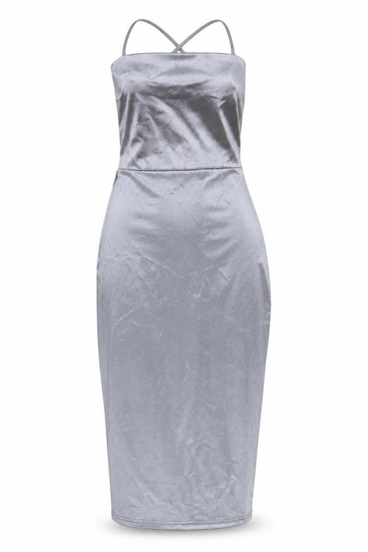Front view of Forever 21 Women’s Grey Bodycon Midi Party Dress, size S, Halter