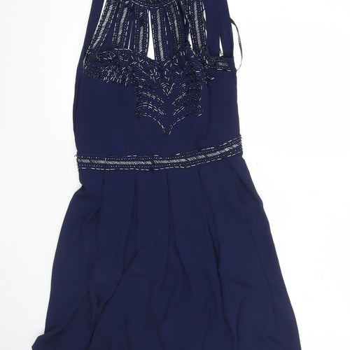 TFNC London Women’s Blue Skater Dress Size S Beaded Sleeveless Party