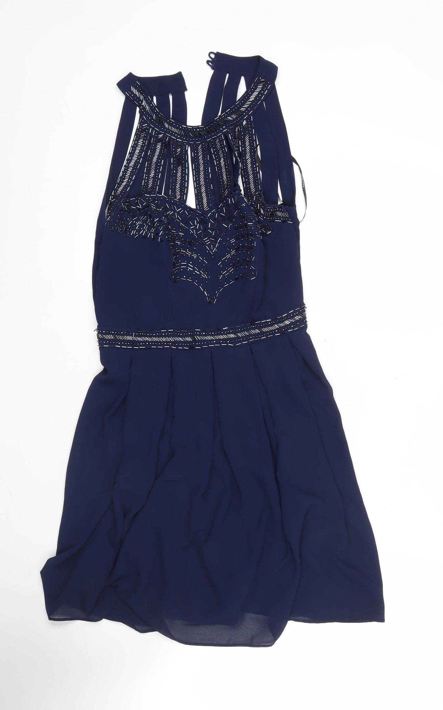 TFNC London Women’s Blue Skater Dress Size S Beaded Sleeveless Party