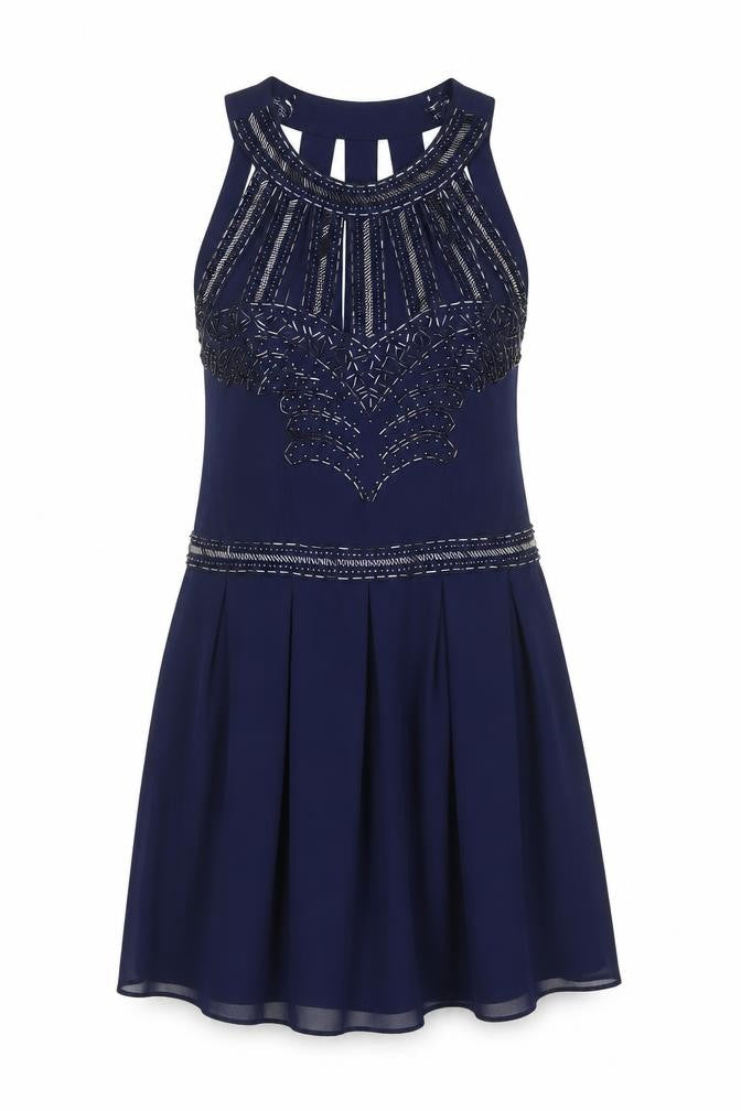 TFNC London Women’s Blue Skater Dress Size S Beaded Sleeveless Party