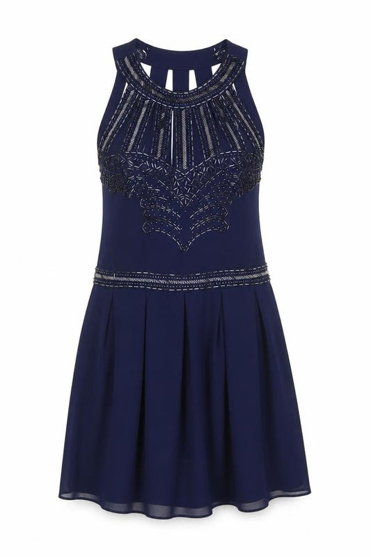 Front view of TFNC London Women’s Blue Skater Dress, size S, Beaded Sleeveless Party
