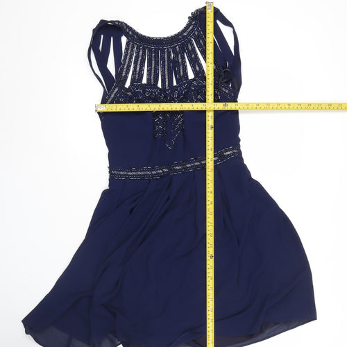 TFNC London Women’s Blue Skater Dress Size S Beaded Sleeveless Party