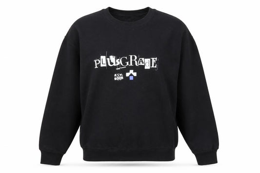 Front view of Gildan Women’s Black Pullover Sweatshirt Small PlusGrade Graphic