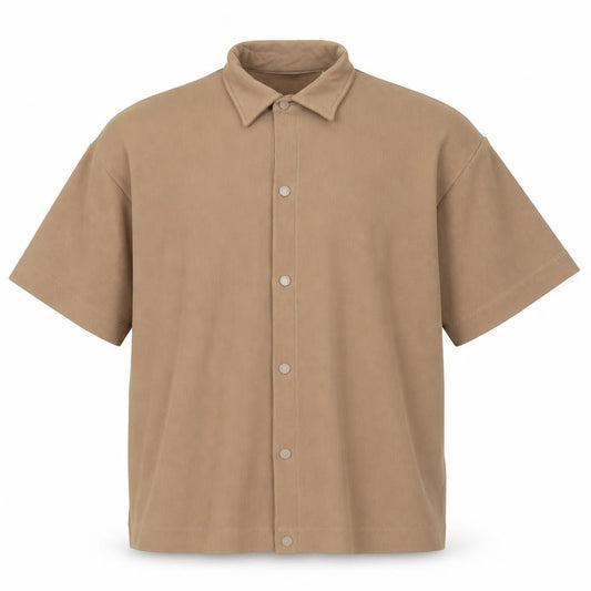 Front view of Collusion Men’s Brown Short Sleeve Button-Up Shirt, size S