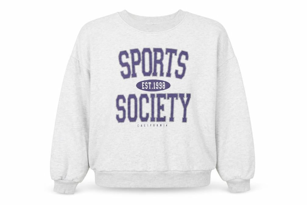 Front view of ASOS women’s grey graphic logo sports sweatshirt, size UK 18, pullover crew neck