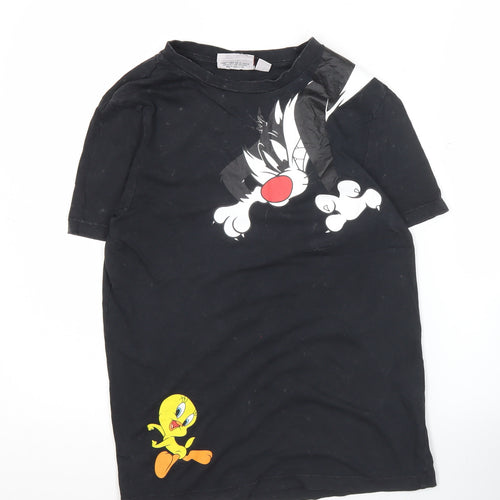 Looney Tunes Womens Black XS T-Shirt Sylvester Tweety Crew Neck