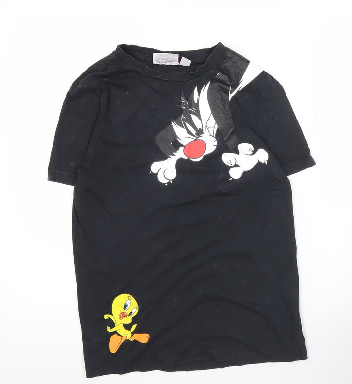 Looney Tunes Womens Black XS T-Shirt Sylvester Tweety Crew Neck