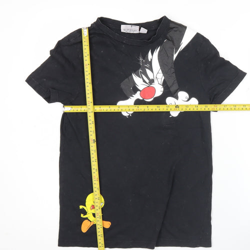 Looney Tunes Womens Black XS T-Shirt Sylvester Tweety Crew Neck