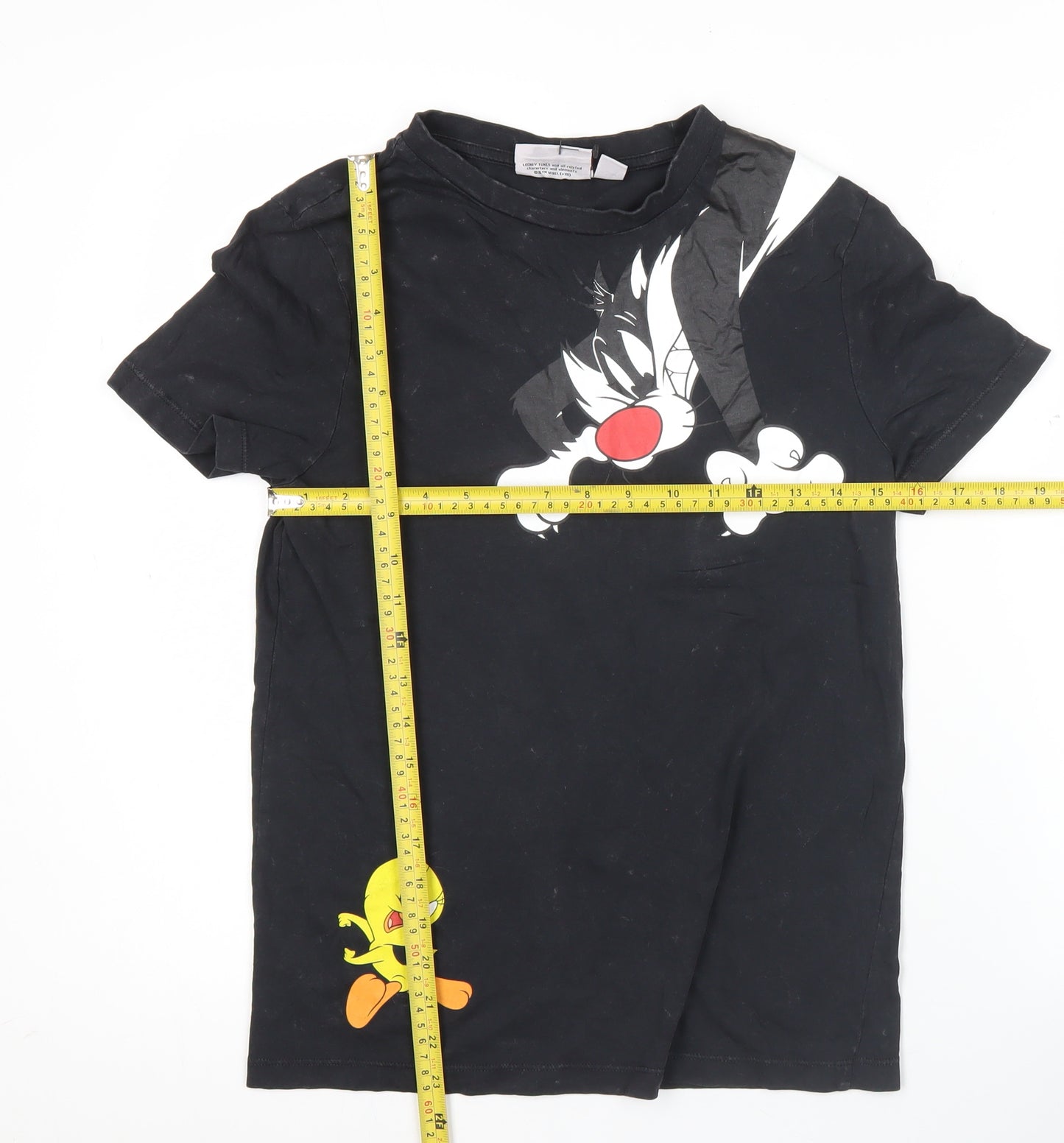 Looney Tunes Womens Black XS T-Shirt Sylvester Tweety Crew Neck