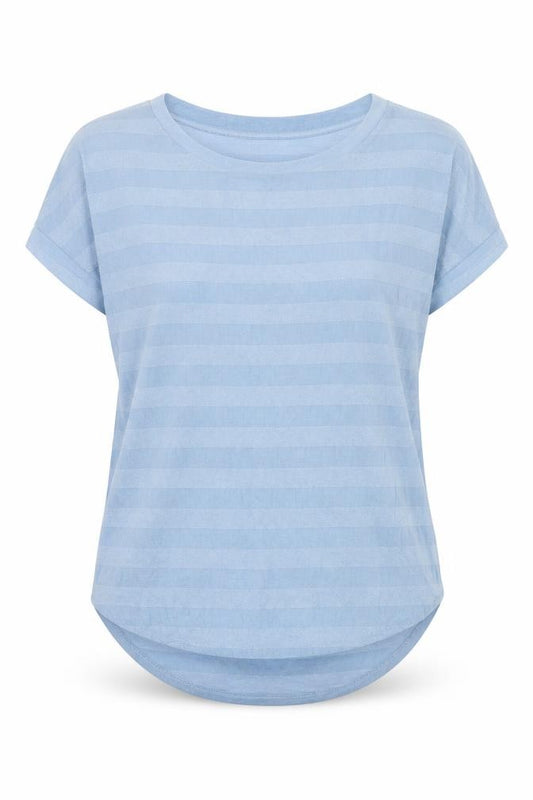 Front view of Next women’s blue striped short sleeve crew neck t-shirt, size UK 8