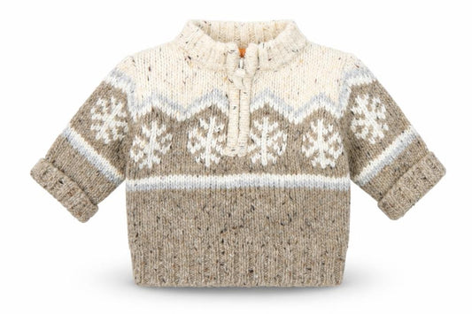 Front view of Mini Mode unisex baby beige fair isle winter 1/4 zip jumper 0-3 months