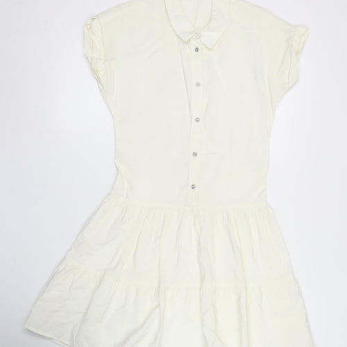 Zara Women Ivory Short Sleeve Shirt Dress Size 10 Cotton Blend