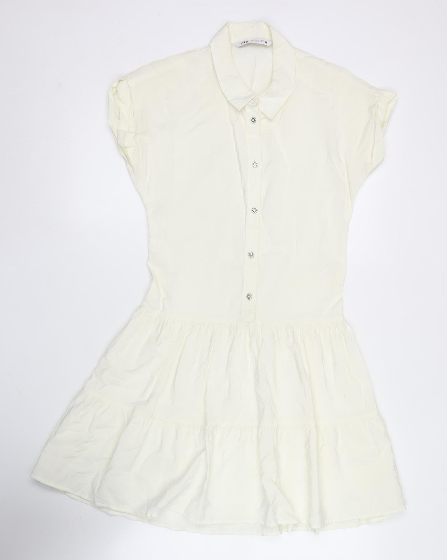 Zara Women Ivory Short Sleeve Shirt Dress Size 10 Cotton Blend