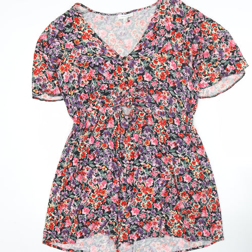 Topshop Women’s Multicoloured Floral Playsuit Size 16 V-Neck Short Sleeve