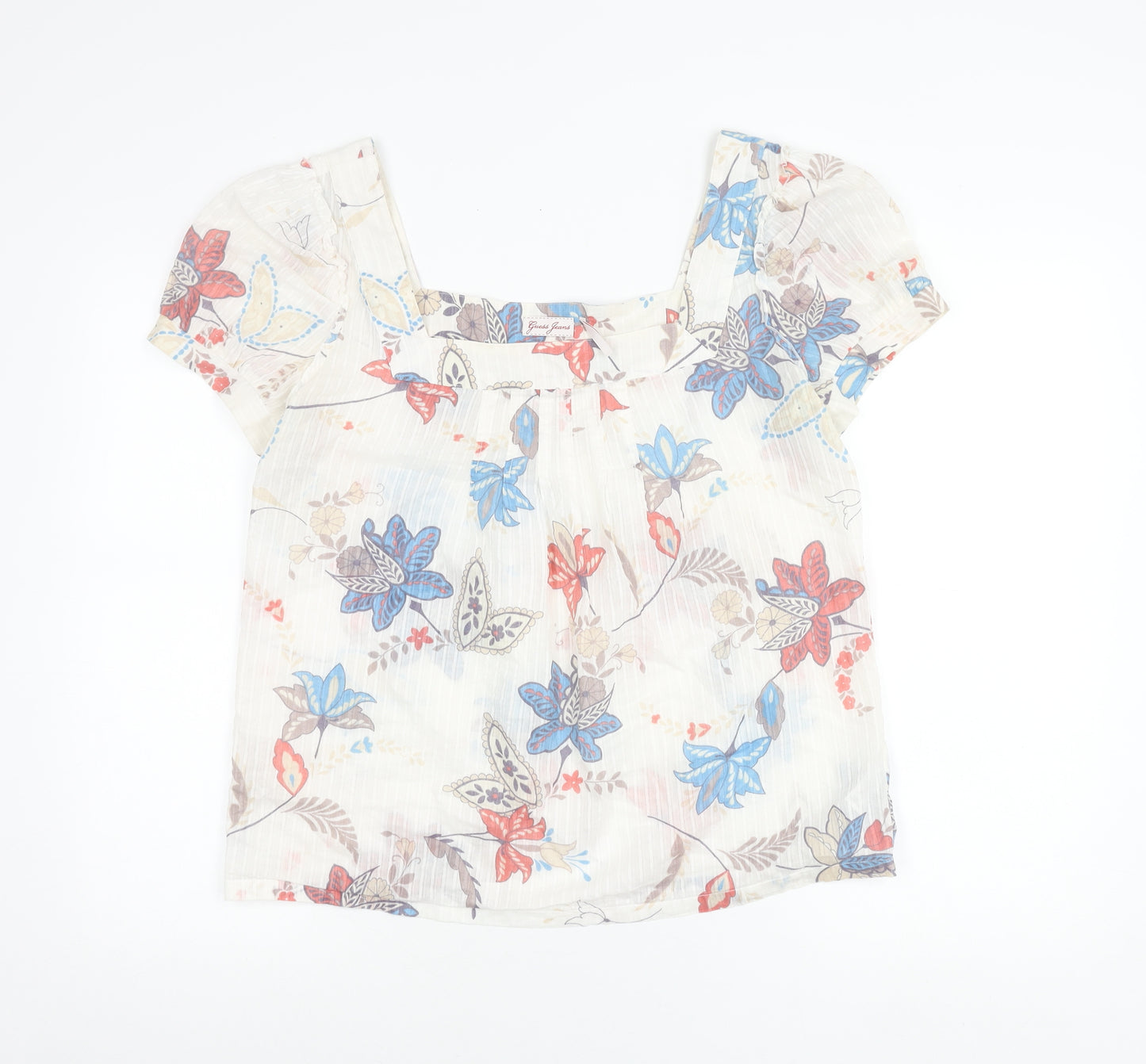 Guess Jeans Womens Multicoloured Floral Peasant Blouse Size L Short Sleeve