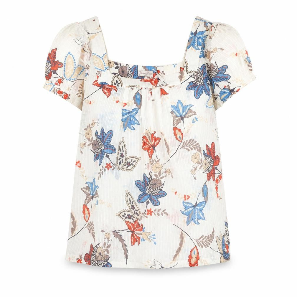 Guess Jeans Womens Multicoloured Floral Peasant Blouse Size L Short Sleeve