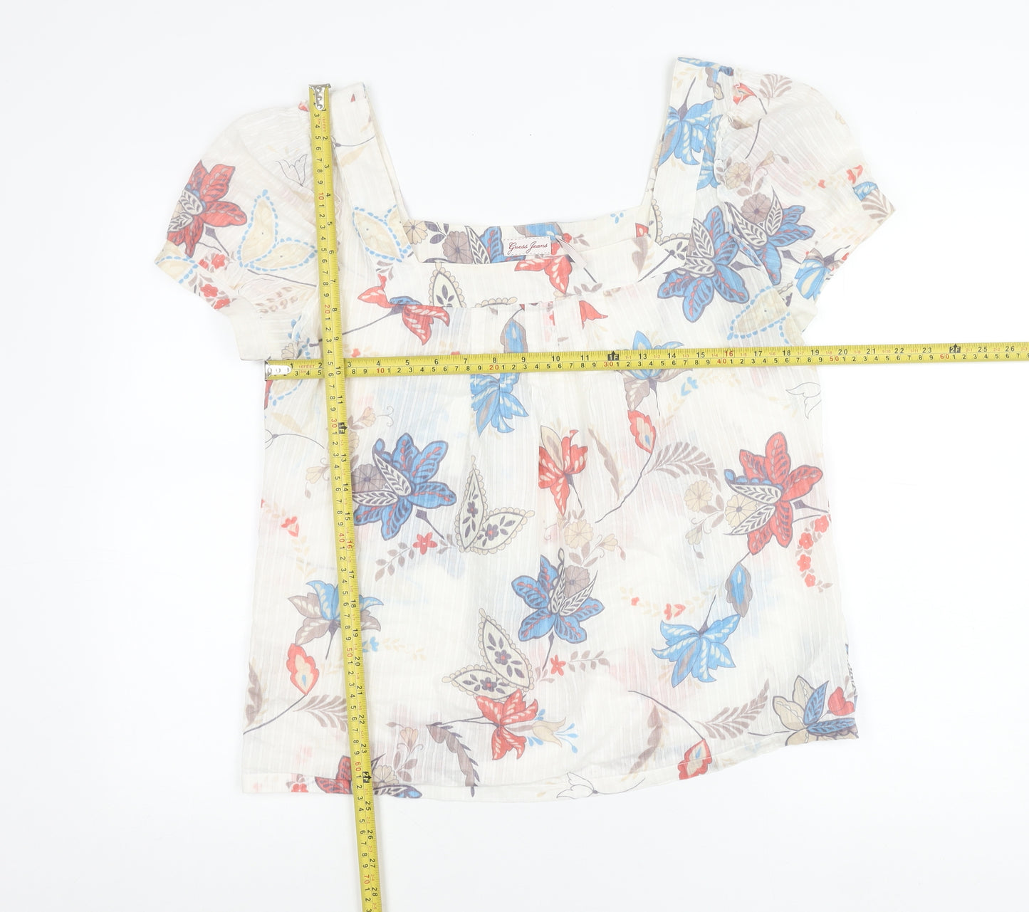 Guess Jeans Womens Multicoloured Floral Peasant Blouse Size L Short Sleeve