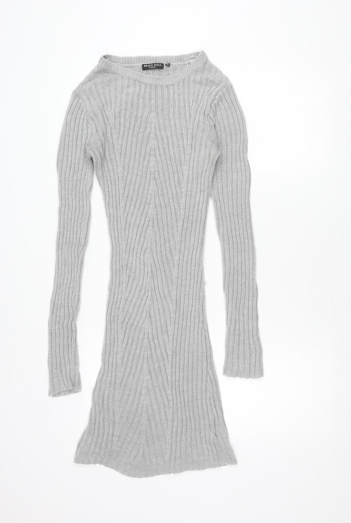 Brave Soul Womens Grey Knit Tunic Jumper Size M 14 Crew Neck Long Sleeve