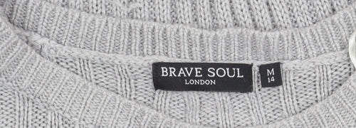 Brave Soul Womens Grey Knit Tunic Jumper Size M 14 Crew Neck Long Sleeve