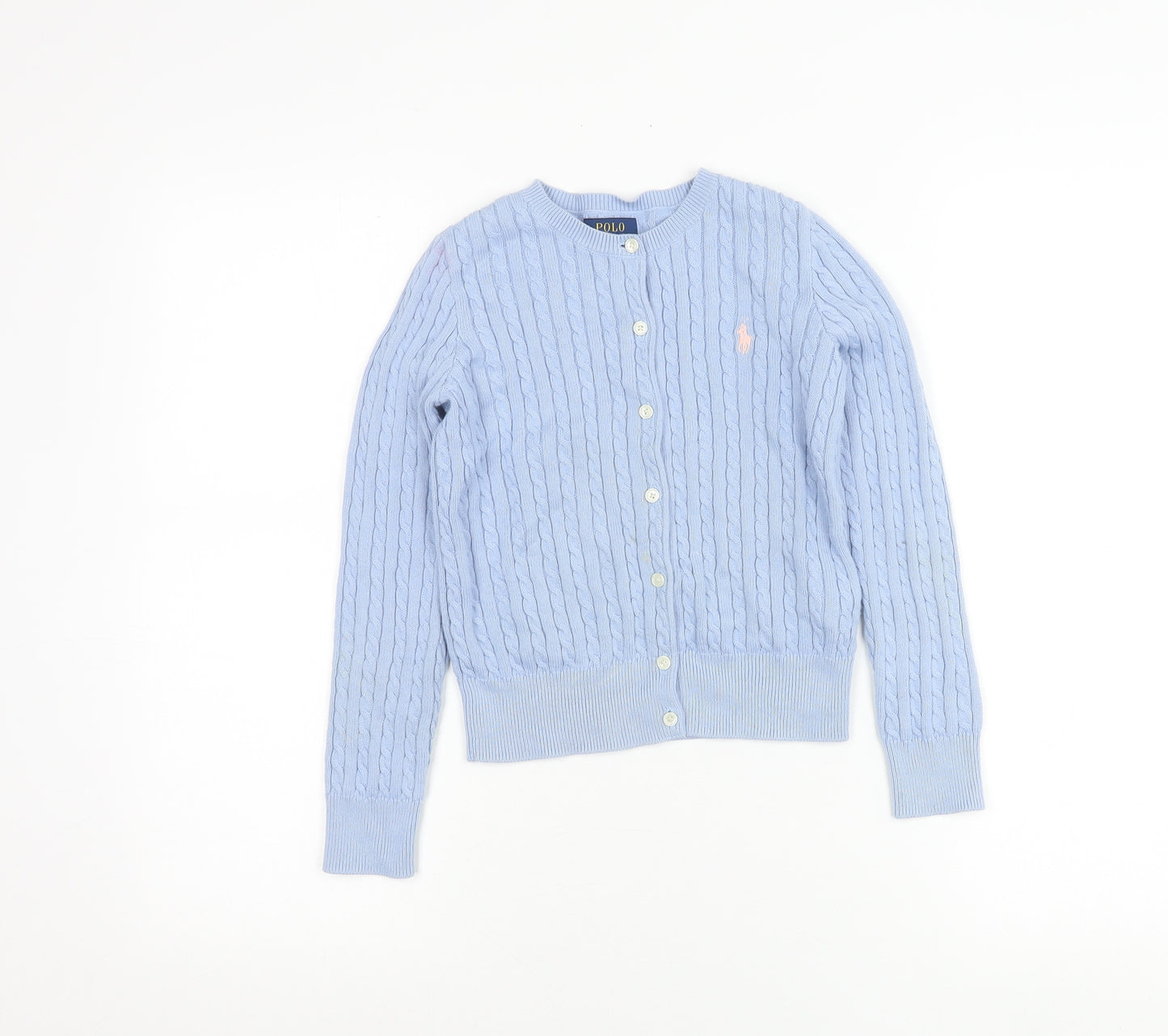Ralph Lauren Girls Blue Cotton Cable Knit Cardigan Jumper Age 7 Years