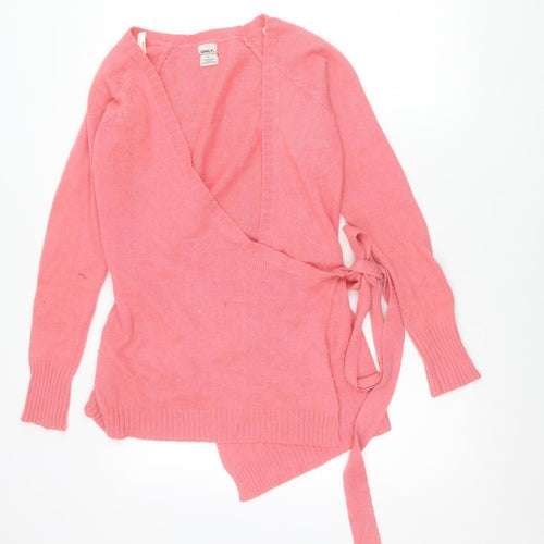ONLY Womens Pink V-Neck Belted Cardigan Jumper Size M