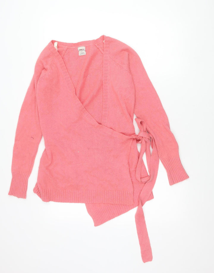 ONLY Womens Pink V-Neck Belted Cardigan Jumper Size M