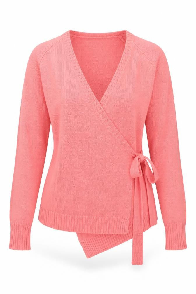 Front view of Only women’s pink v-neck belted cardigan jumper, size M