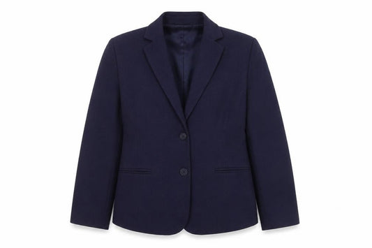 Front view of St Michael women’s blue, size UK 12, wool blend blazer jacket classic workwear