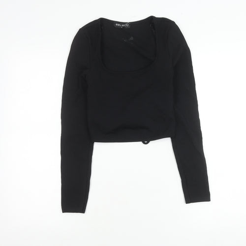 Select Women Black S Cropped Wrap Long Sleeve Square Neck Blouse