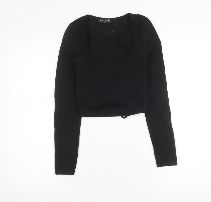 Select Women Black S Cropped Wrap Long Sleeve Square Neck Blouse