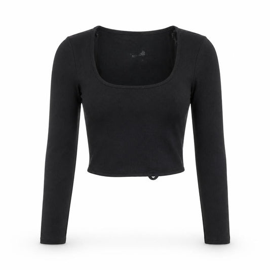 Front view of Select Women Black S Cropped Wrap Long Sleeve Square Neck Blouse