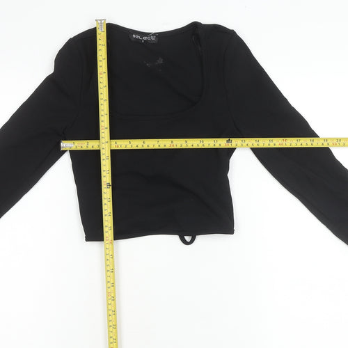 Select Women Black S Cropped Wrap Long Sleeve Square Neck Blouse