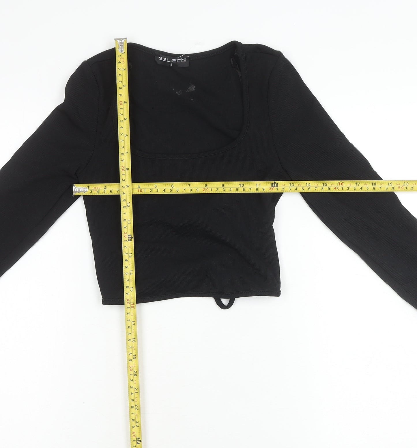 Select Women Black S Cropped Wrap Long Sleeve Square Neck Blouse
