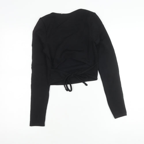 Select Women Black S Cropped Wrap Long Sleeve Square Neck Blouse