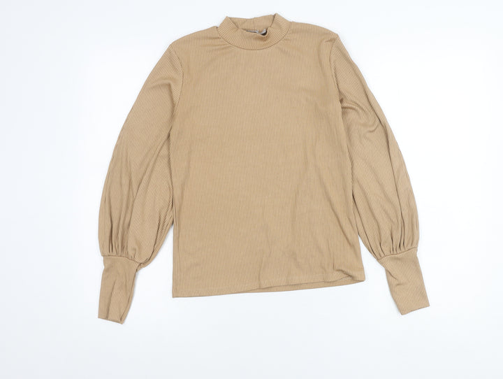 Stradivarius Women’s Beige Mock Neck Balloon Sleeve Blouse Size 8