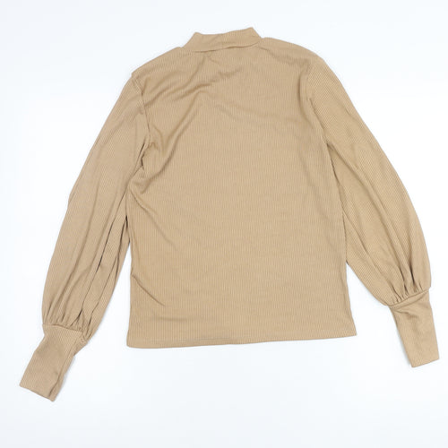 Stradivarius Women’s Beige Mock Neck Balloon Sleeve Blouse Size 8