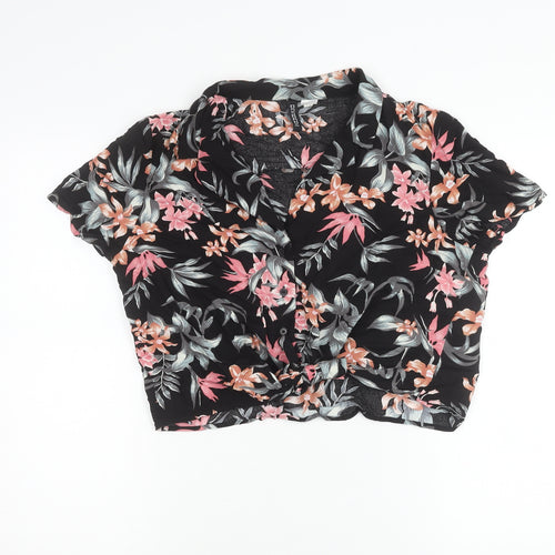 H&M Divided Women’s Black Floral Cropped Button-Up Shirt Size 12