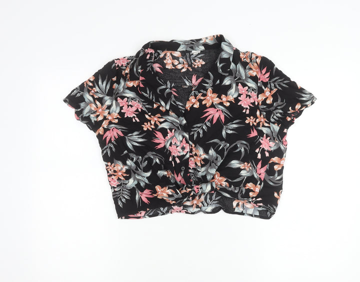 H&M Divided Women’s Black Floral Cropped Button-Up Shirt Size 12