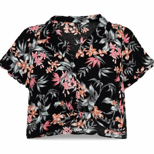 H&M Divided Women’s Black Floral Cropped Button-Up Shirt Size 12