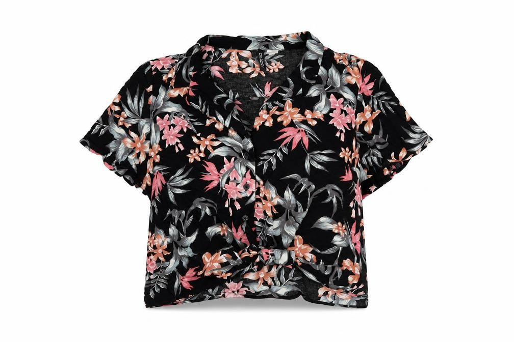H&M Divided Women’s Black Floral Cropped Button-Up Shirt Size 12