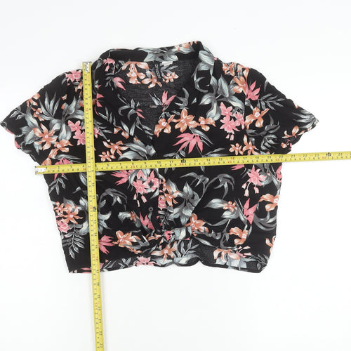 H&M Divided Women’s Black Floral Cropped Button-Up Shirt Size 12