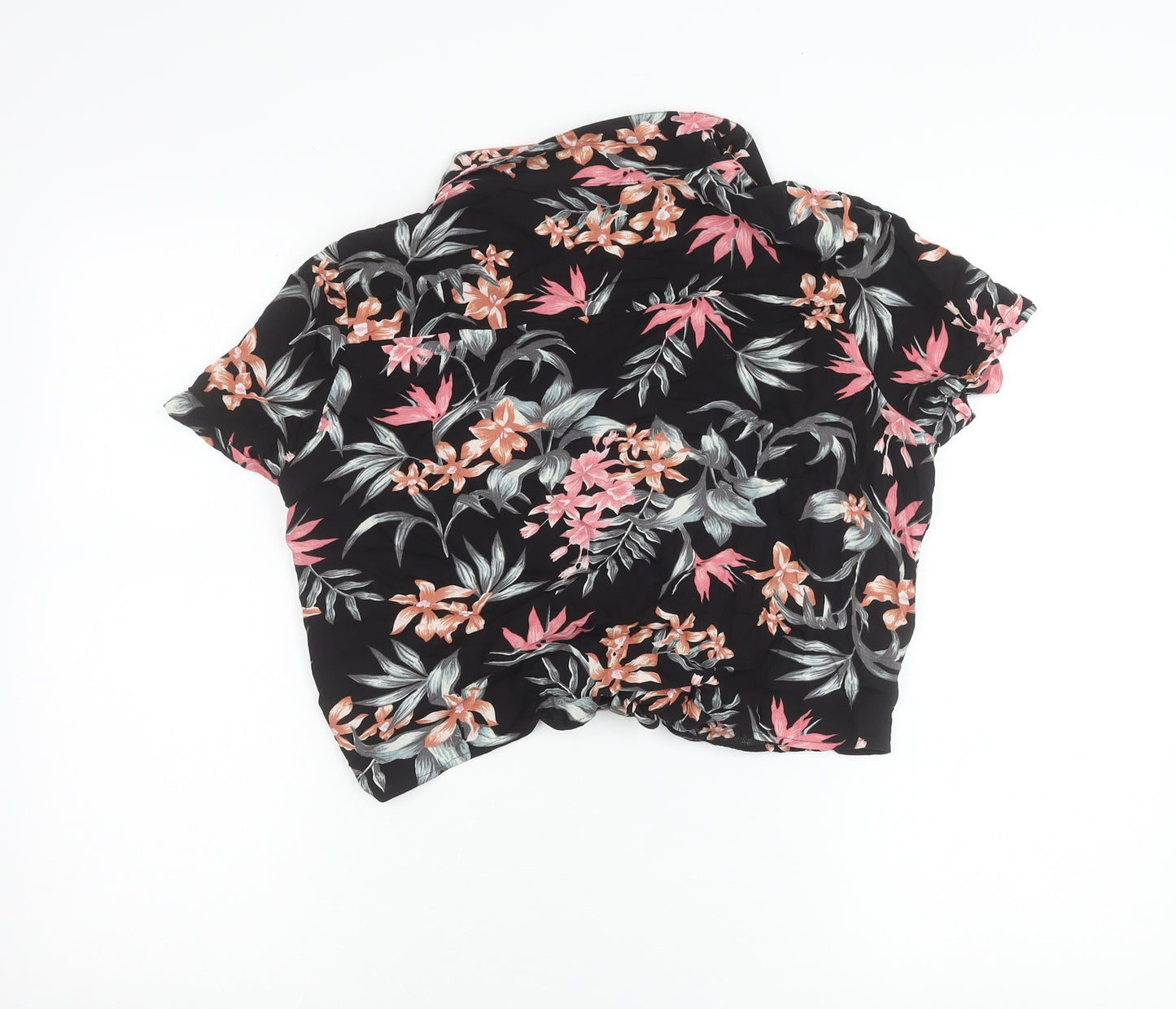 H&M Divided Women’s Black Floral Cropped Button-Up Shirt Size 12