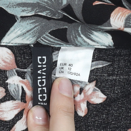 H&M Divided Women’s Black Floral Cropped Button-Up Shirt Size 12