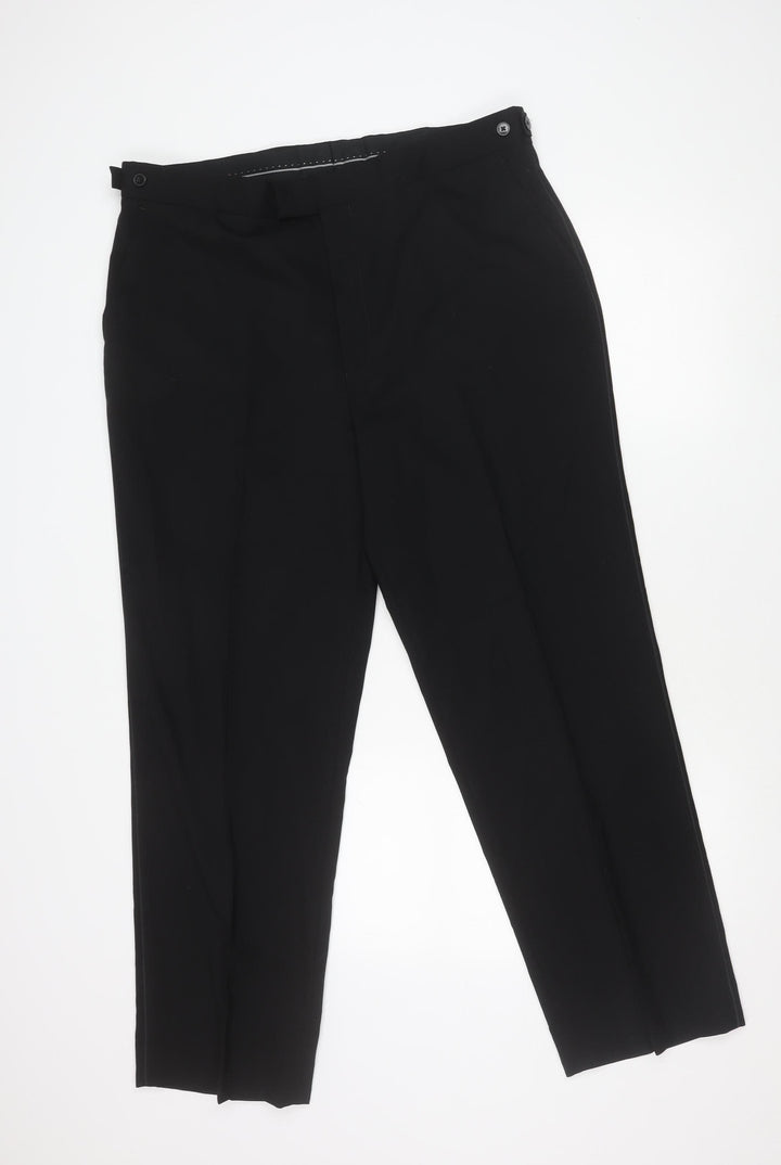Moss Bros Men's Black Wool Blend Dress Trousers 38S Regular Fit