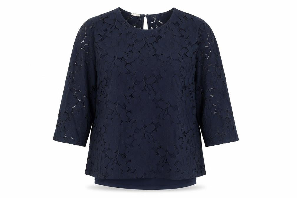 Faith and Joy Womens Blue Lace Tunic Blouse XL 3/4 Sleeve Round Neck