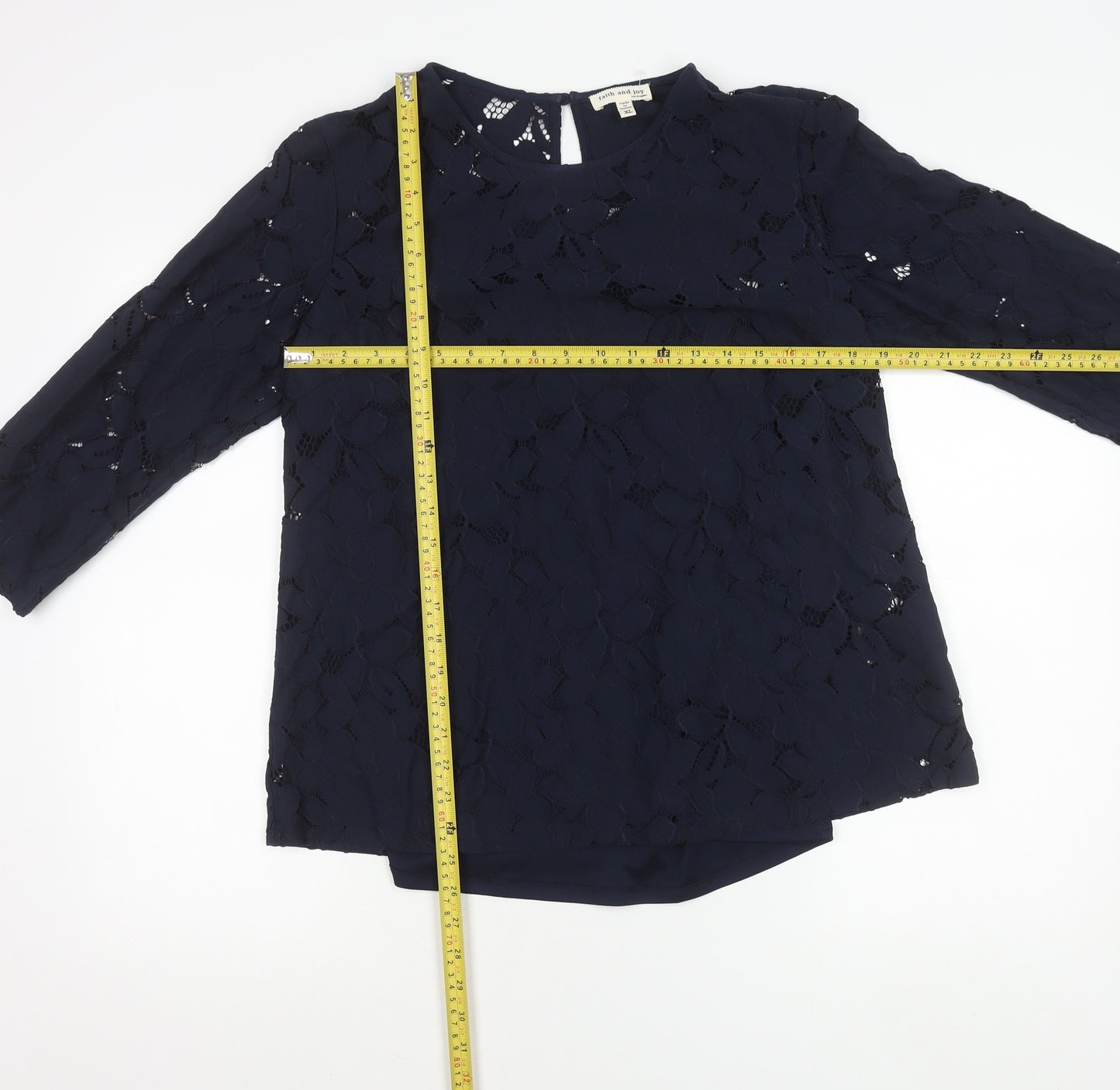 Faith and Joy Womens Blue Lace Tunic Blouse XL 3/4 Sleeve Round Neck