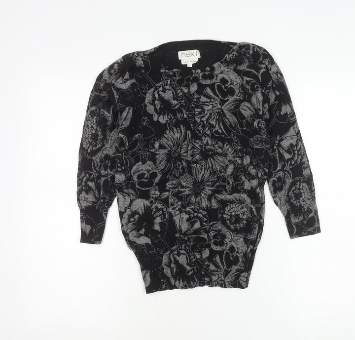 Next Women’s Black Floral Knit Tunic Blouse Size 6 Long Sleeve